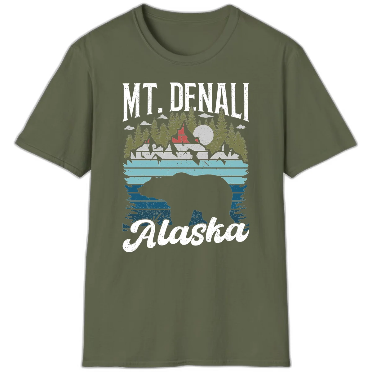 Denali bear Alaska design: layered illustration with silhouetted bear emerging from water, mountain peaks, fortress, forest, and full moon. in Military Green