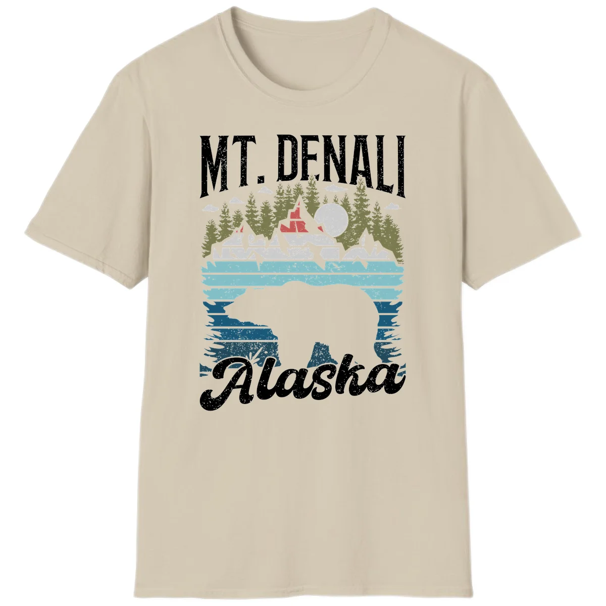 Denali bear Alaska design: layered illustration with silhouetted bear emerging from water, mountain peaks, fortress, forest, and full moon. in Sand