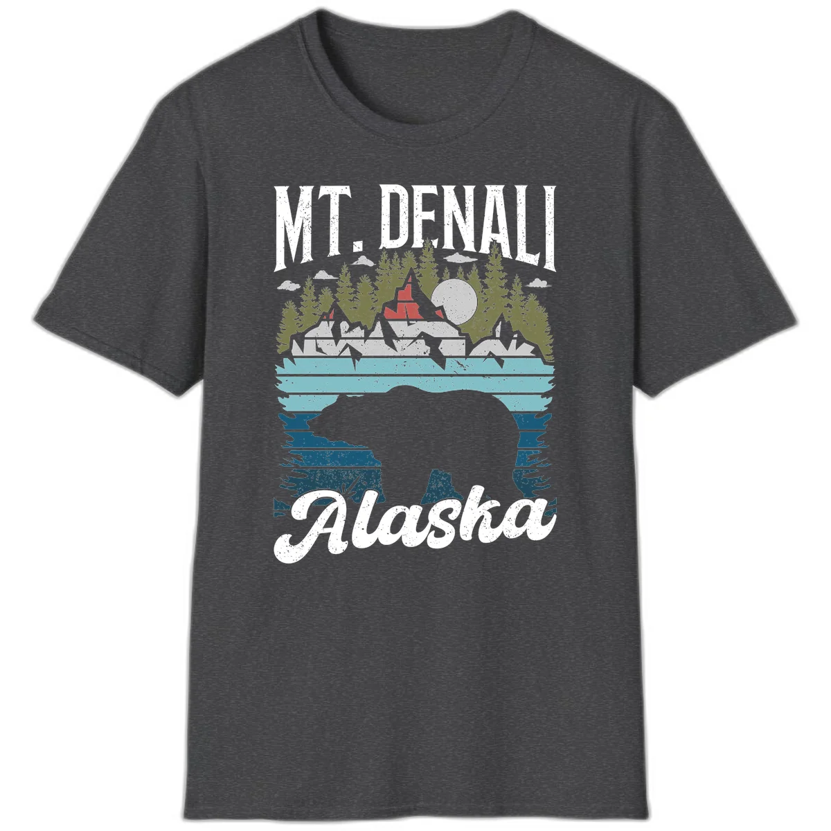 Denali bear Alaska design: layered illustration with silhouetted bear emerging from water, mountain peaks, fortress, forest, and full moon. in Dark Heather