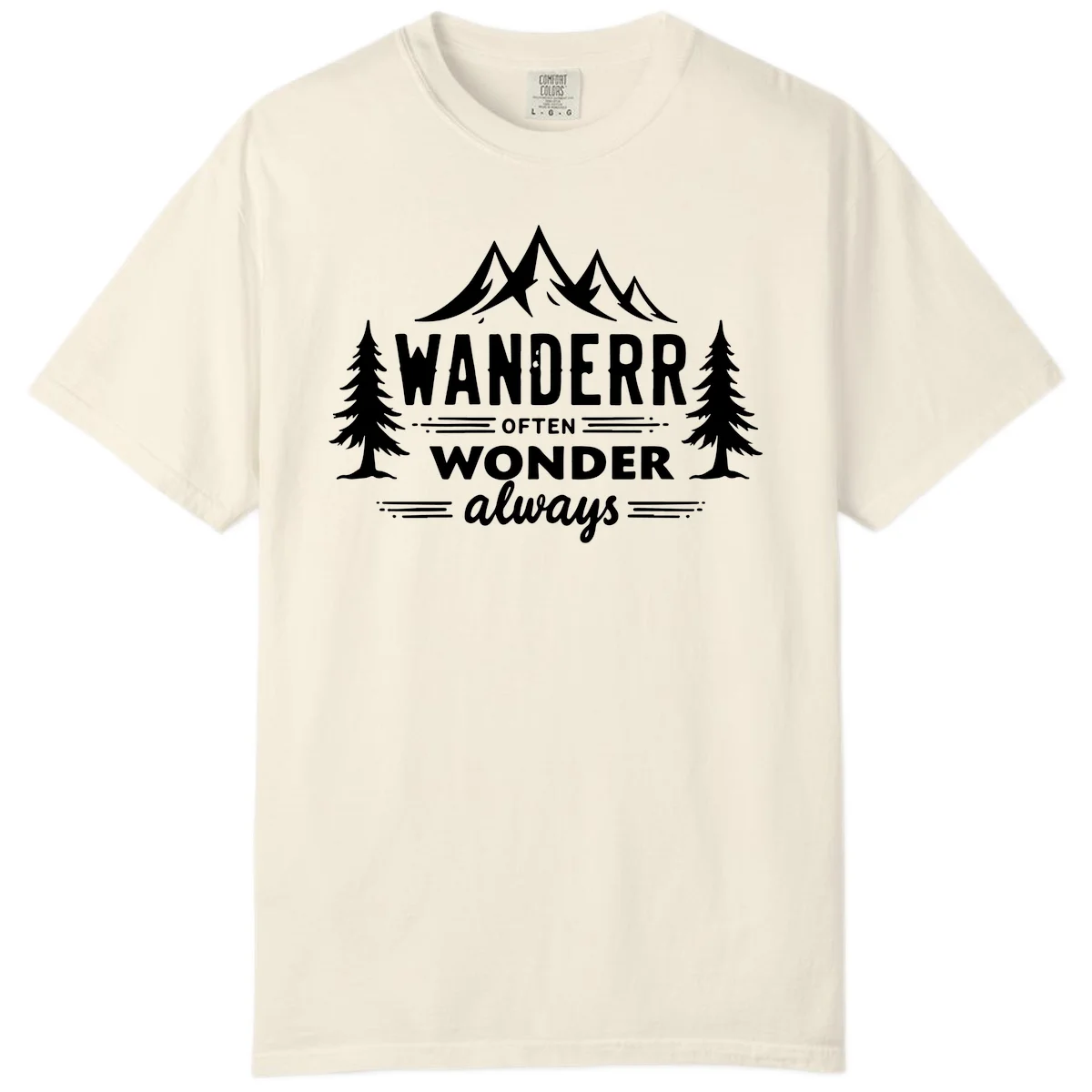White illustration of snow-capped mountains and pine trees with text reading 'Wander Often Wonder Always' on gray background in Ivory