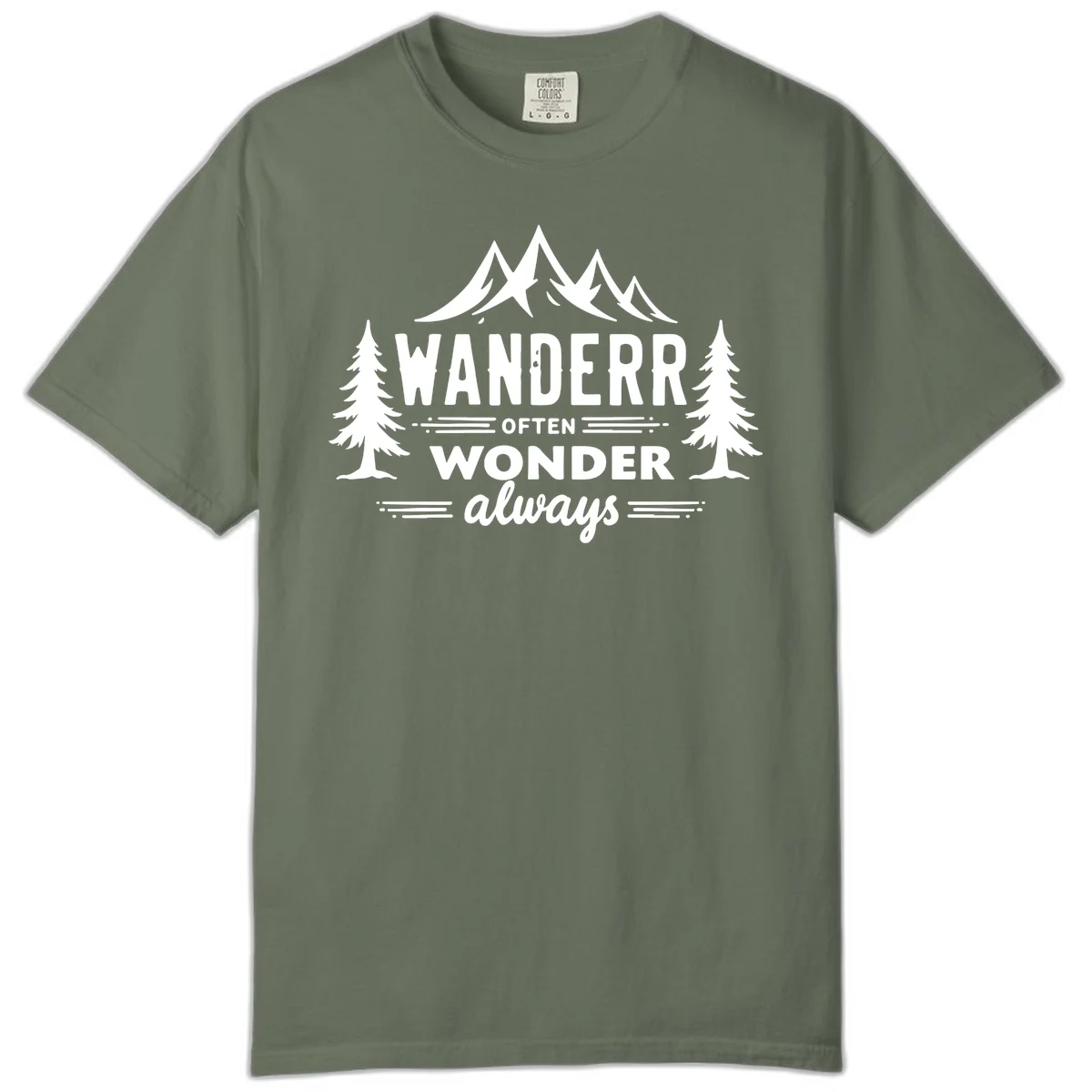 White illustration of snow-capped mountains and pine trees with text reading 'Wander Often Wonder Always' on gray background in Moss