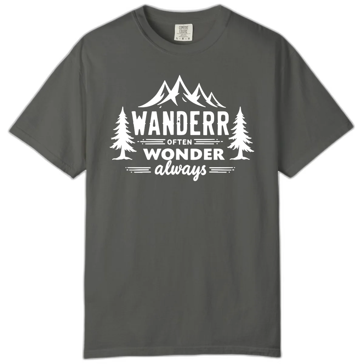 White illustration of snow-capped mountains and pine trees with text reading 'Wander Often Wonder Always' on gray background in Pepper