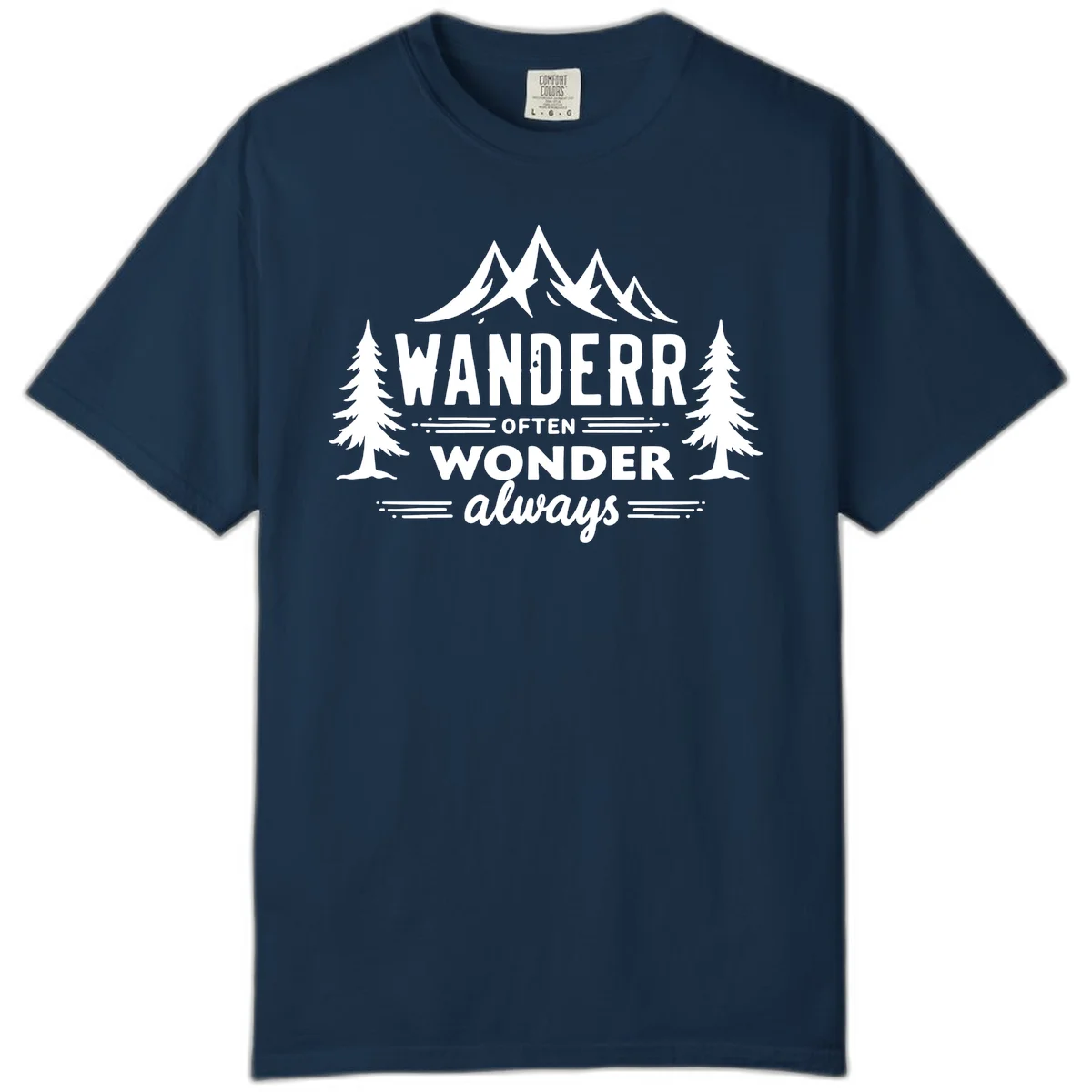White illustration of snow-capped mountains and pine trees with text reading 'Wander Often Wonder Always' on gray background in True Navy