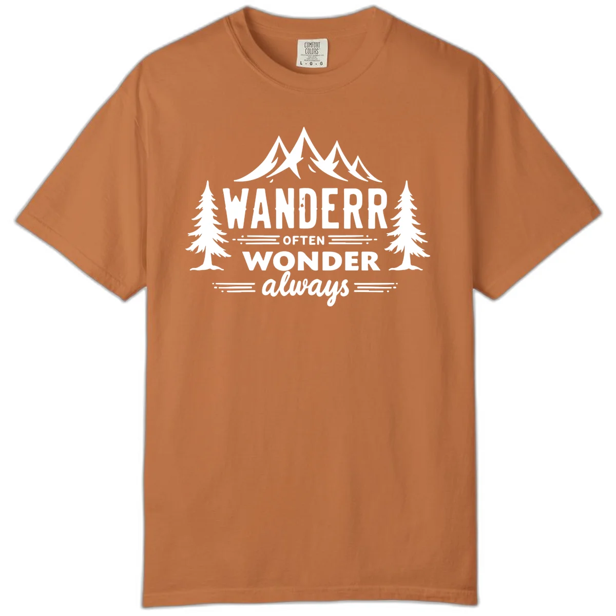 White illustration of snow-capped mountains and pine trees with text reading 'Wander Often Wonder Always' on gray background in Yam