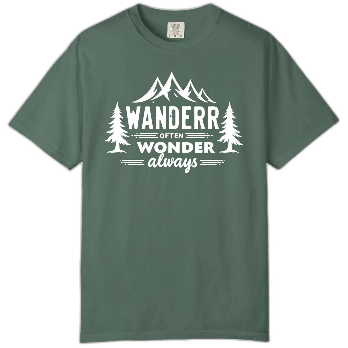White illustration of snow-capped mountains and pine trees with text reading 'Wander Often Wonder Always' on gray background in Blue Spruce
