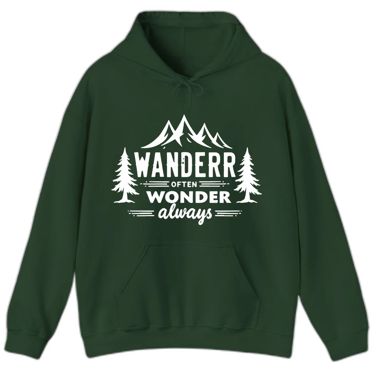 White illustration of snow-capped mountains and pine trees with text reading 'Wander Often Wonder Always' on gray background in Forest Green