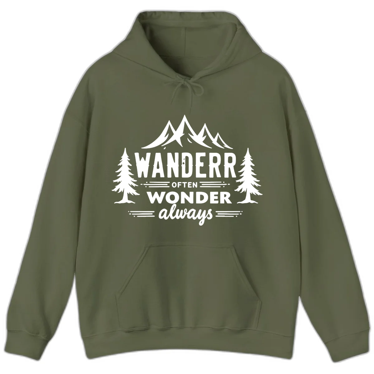 White illustration of snow-capped mountains and pine trees with text reading 'Wander Often Wonder Always' on gray background in Military Green