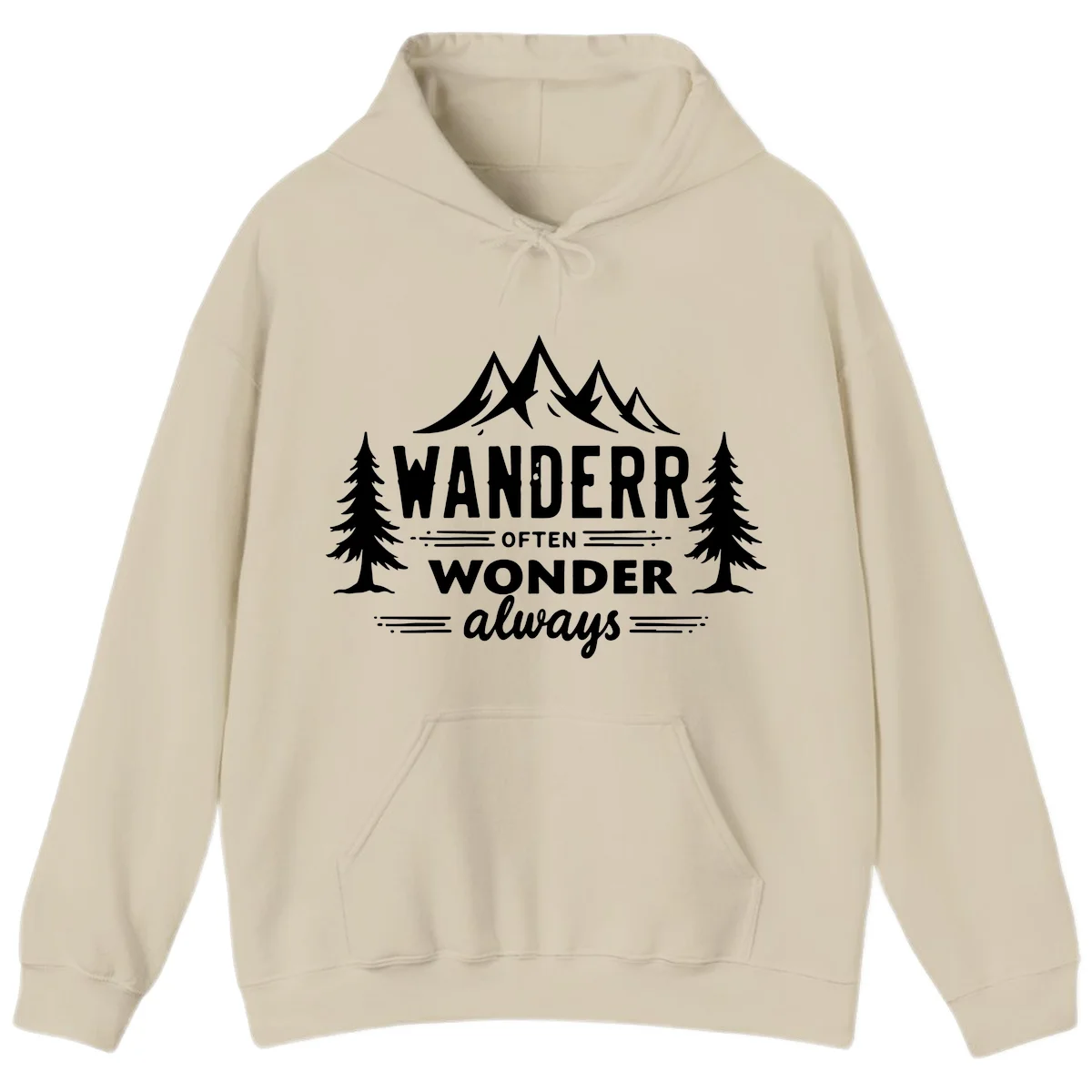 White illustration of snow-capped mountains and pine trees with text reading 'Wander Often Wonder Always' on gray background in Sand