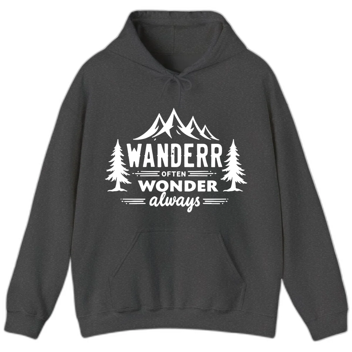 White illustration of snow-capped mountains and pine trees with text reading 'Wander Often Wonder Always' on gray background in Dark Heather