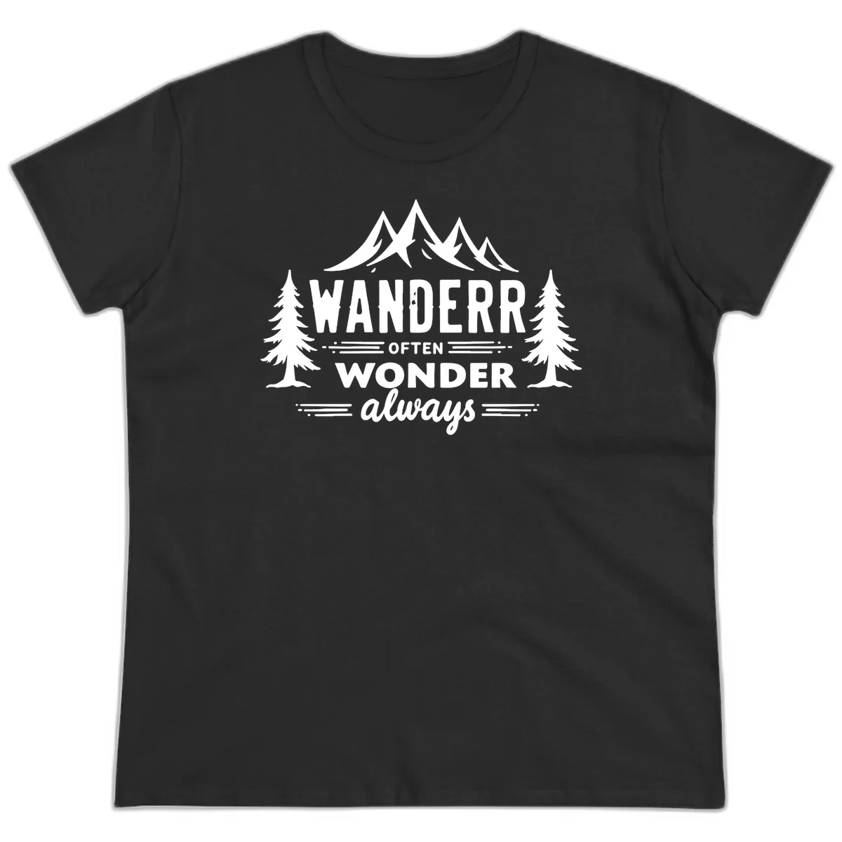 White illustration of snow-capped mountains and pine trees with text reading 'Wander Often Wonder Always' on gray background in Black