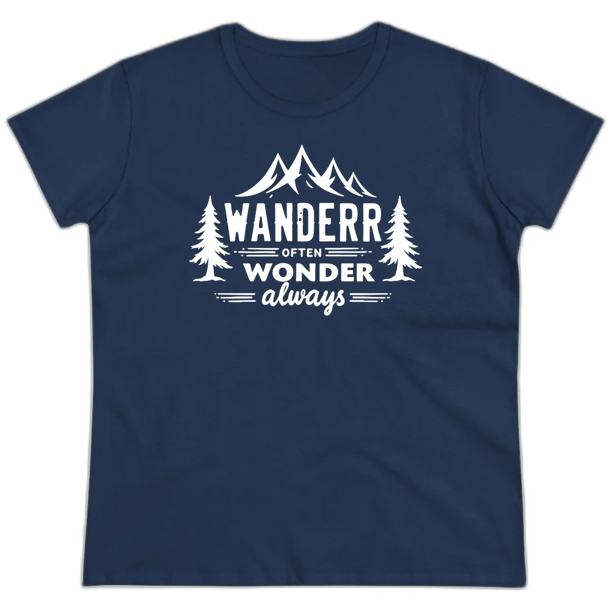 White illustration of snow-capped mountains and pine trees with text reading 'Wander Often Wonder Always' on gray background in Navy