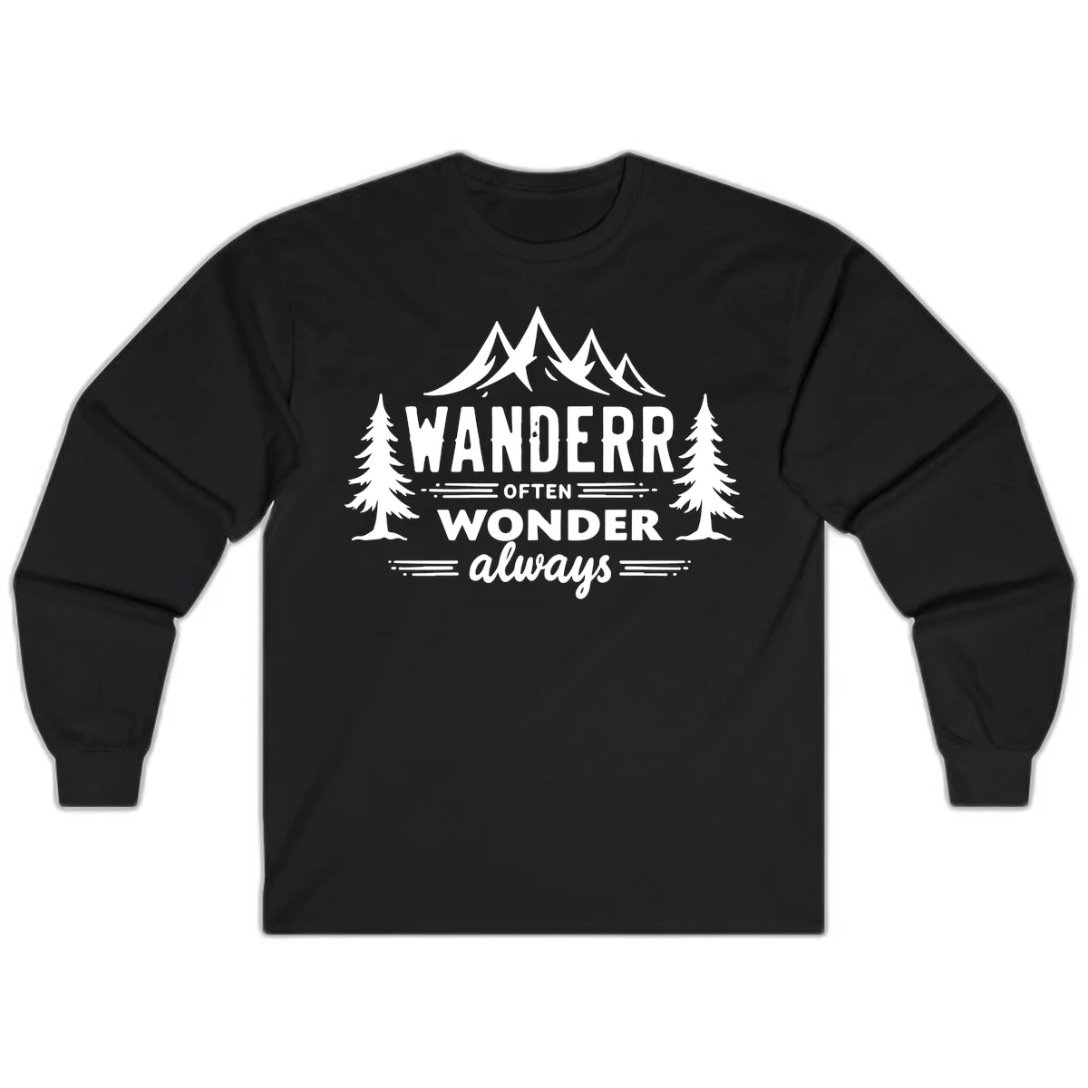 White illustration of snow-capped mountains and pine trees with text reading 'Wander Often Wonder Always' on gray background in Black