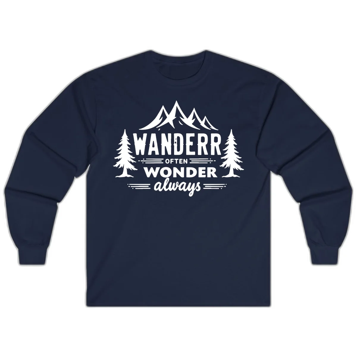 White illustration of snow-capped mountains and pine trees with text reading 'Wander Often Wonder Always' on gray background in Navy