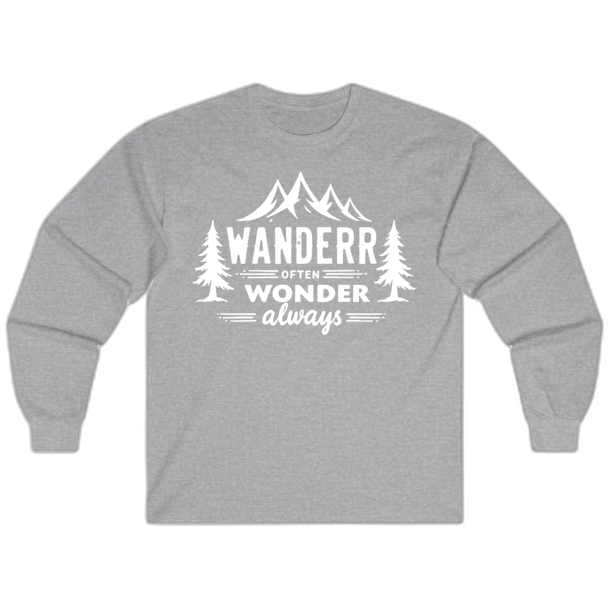 White illustration of snow-capped mountains and pine trees with text reading 'Wander Often Wonder Always' on gray background in Sport Grey