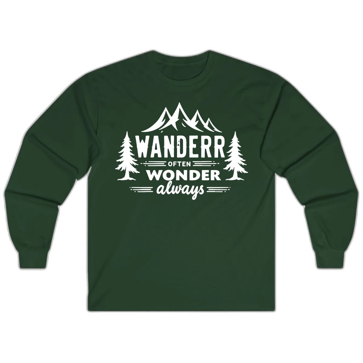 White illustration of snow-capped mountains and pine trees with text reading 'Wander Often Wonder Always' on gray background in Forest Green