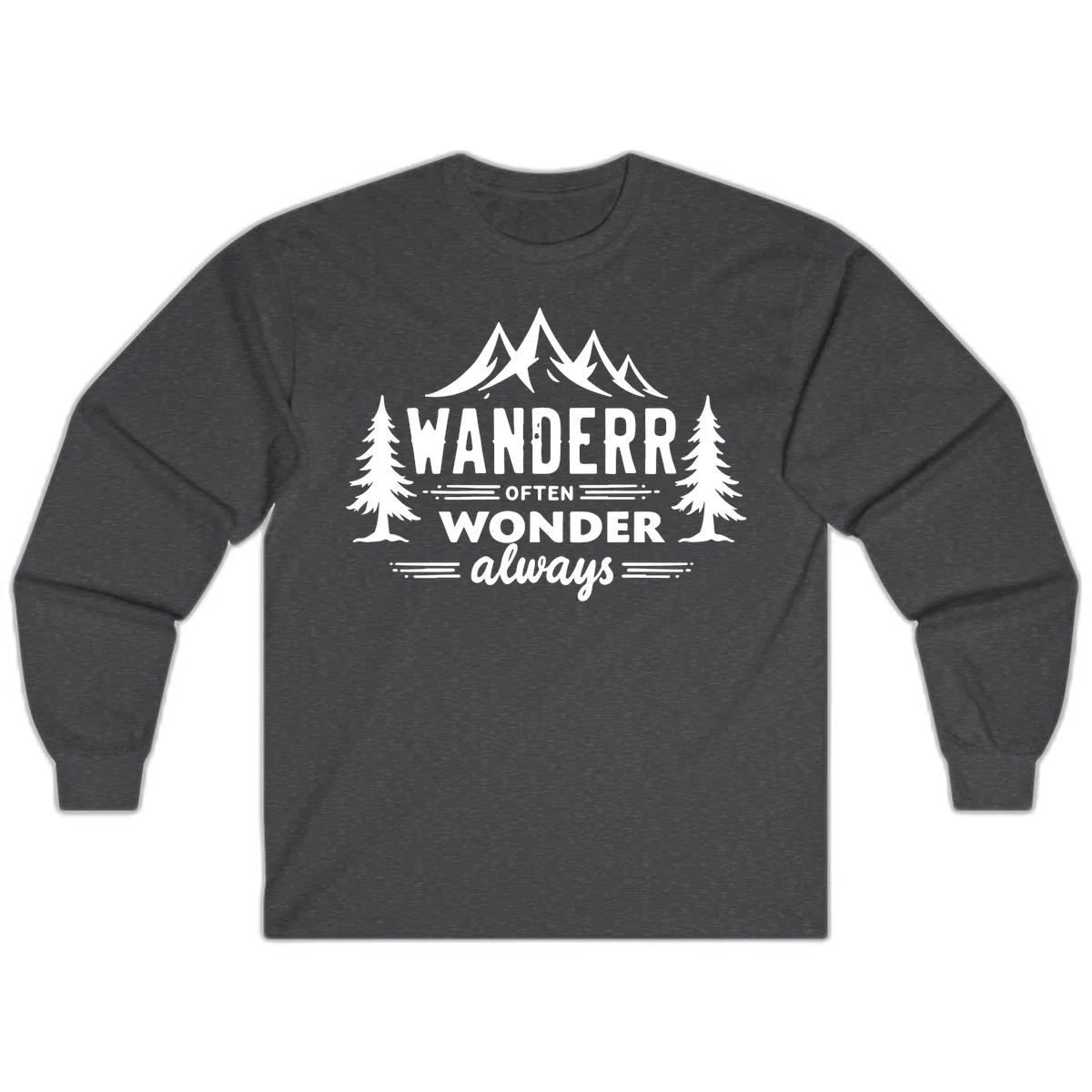 White illustration of snow-capped mountains and pine trees with text reading 'Wander Often Wonder Always' on gray background in Dark Heather