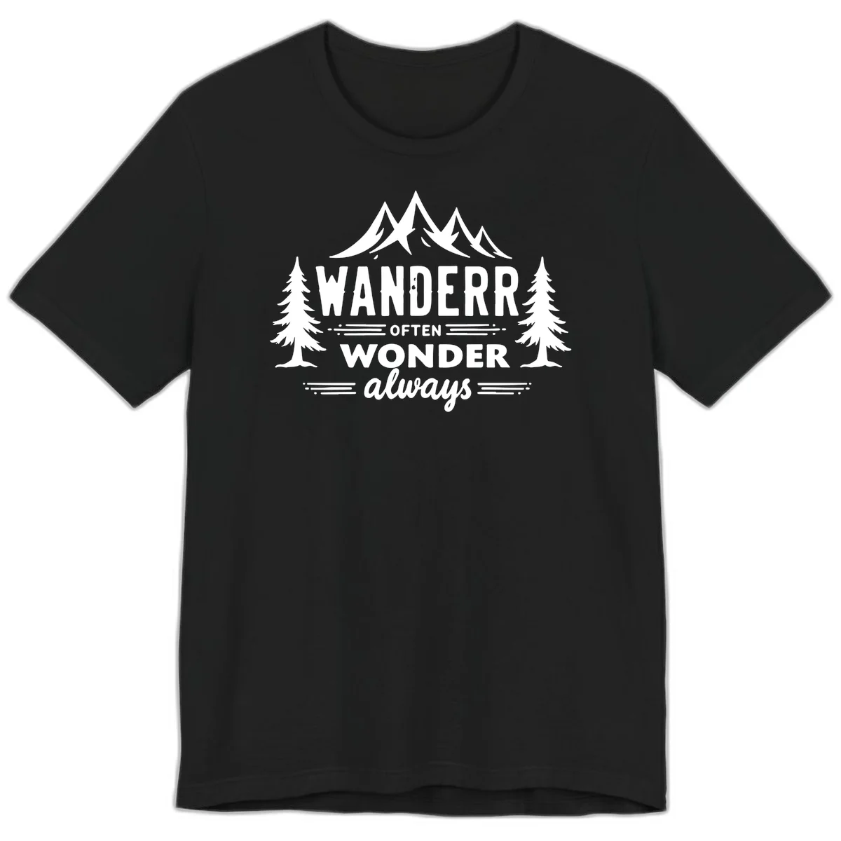 White illustration of snow-capped mountains and pine trees with text reading 'Wander Often Wonder Always' on gray background in Black