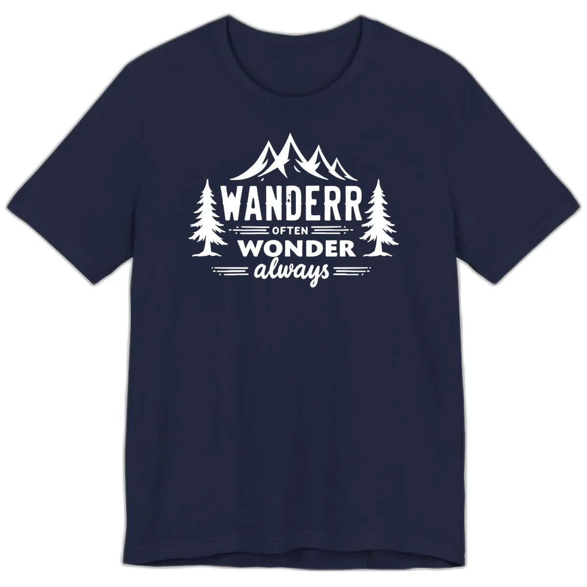 White illustration of snow-capped mountains and pine trees with text reading 'Wander Often Wonder Always' on gray background in Navy