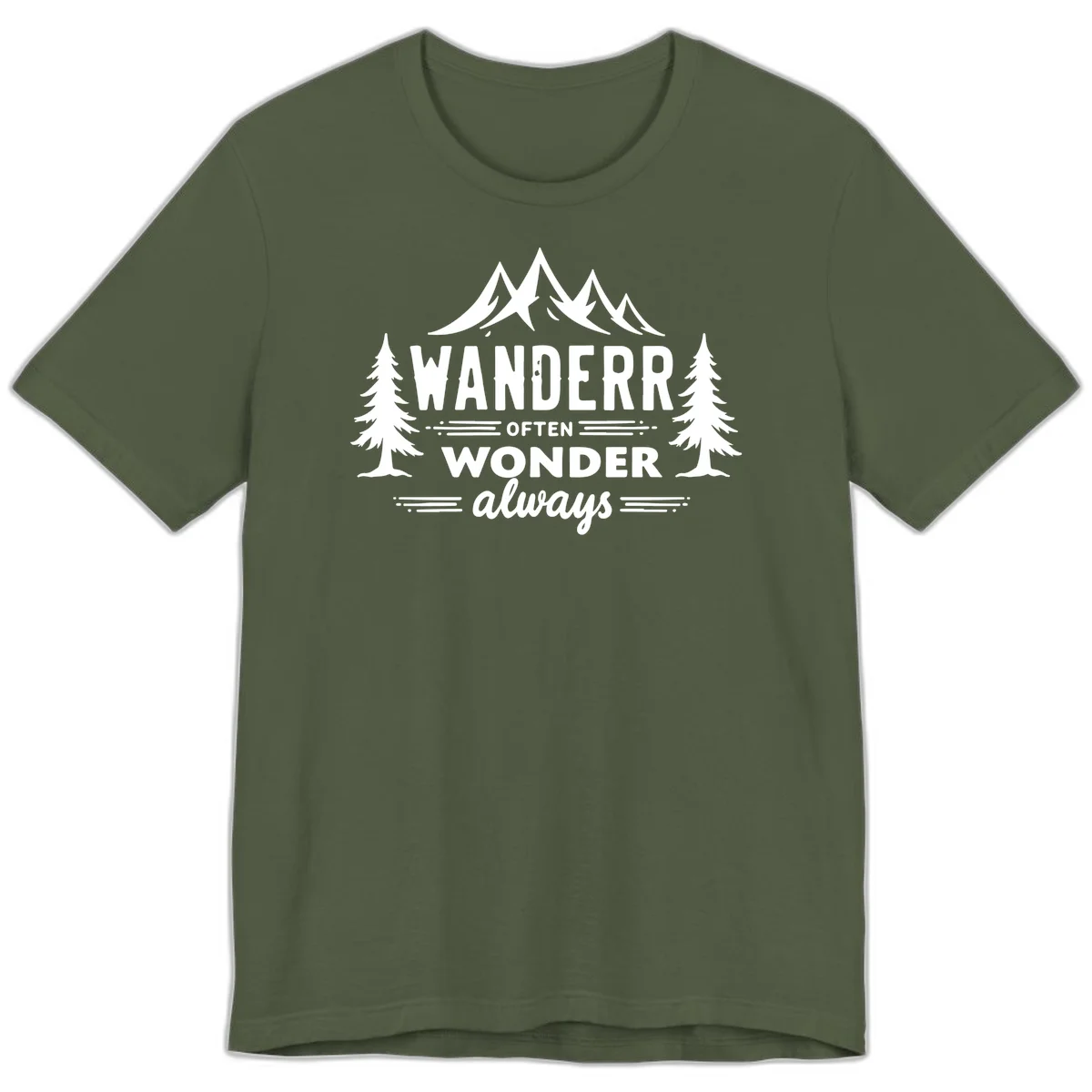 White illustration of snow-capped mountains and pine trees with text reading 'Wander Often Wonder Always' on gray background in Military Green