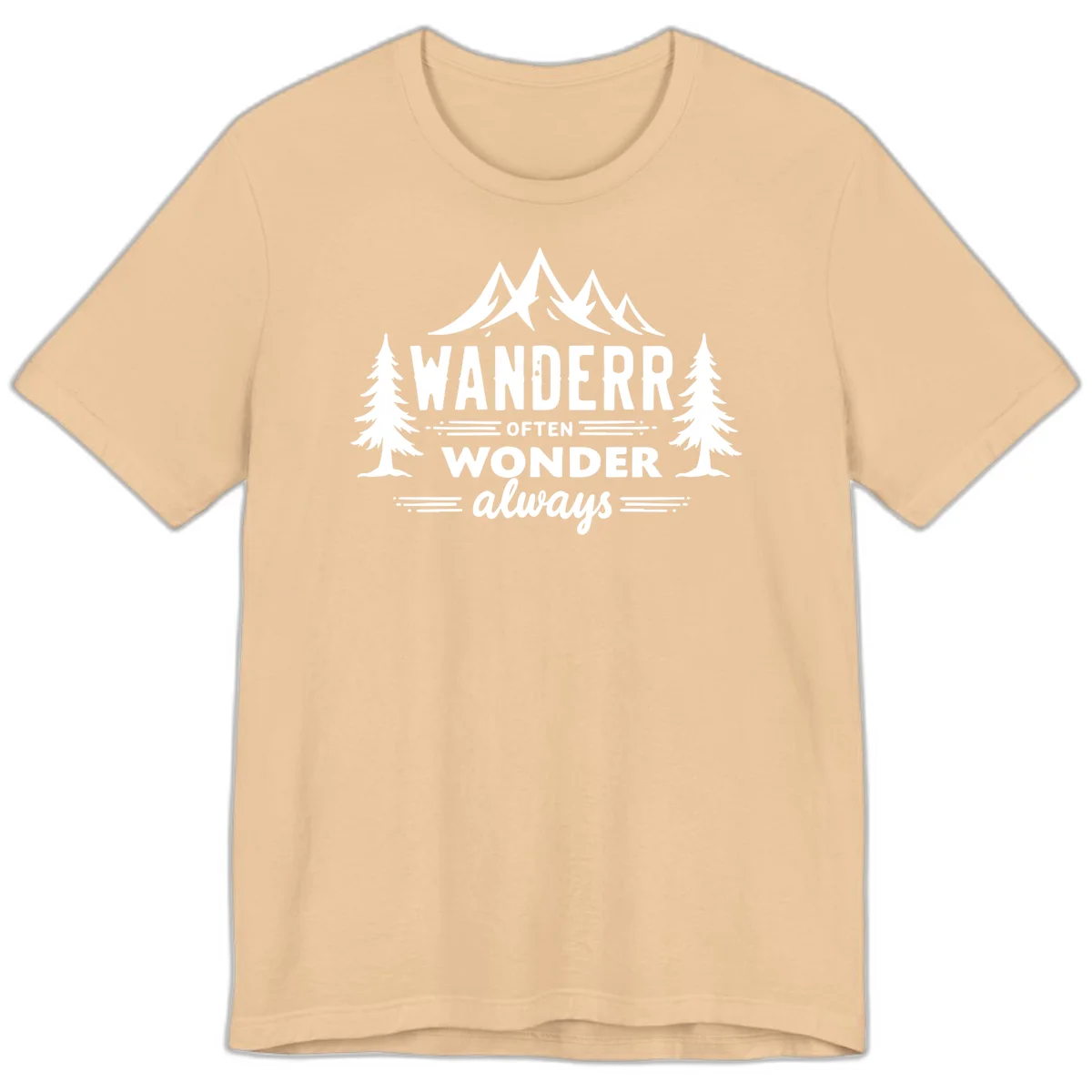 White illustration of snow-capped mountains and pine trees with text reading 'Wander Often Wonder Always' on gray background in Sand Dune