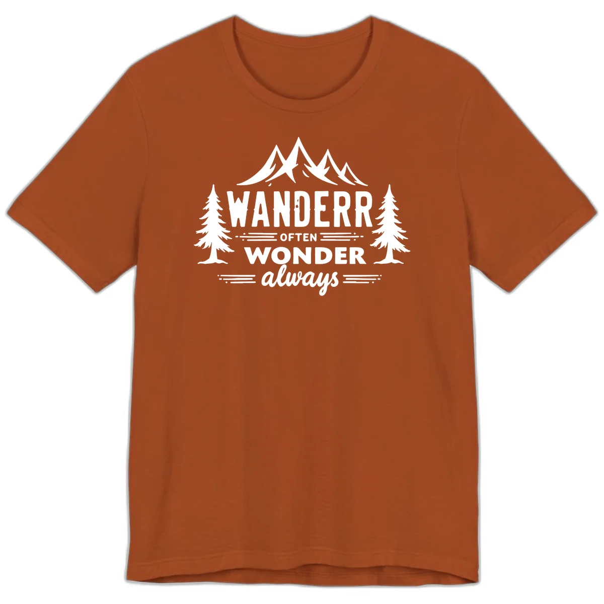 White illustration of snow-capped mountains and pine trees with text reading 'Wander Often Wonder Always' on gray background in Autumn