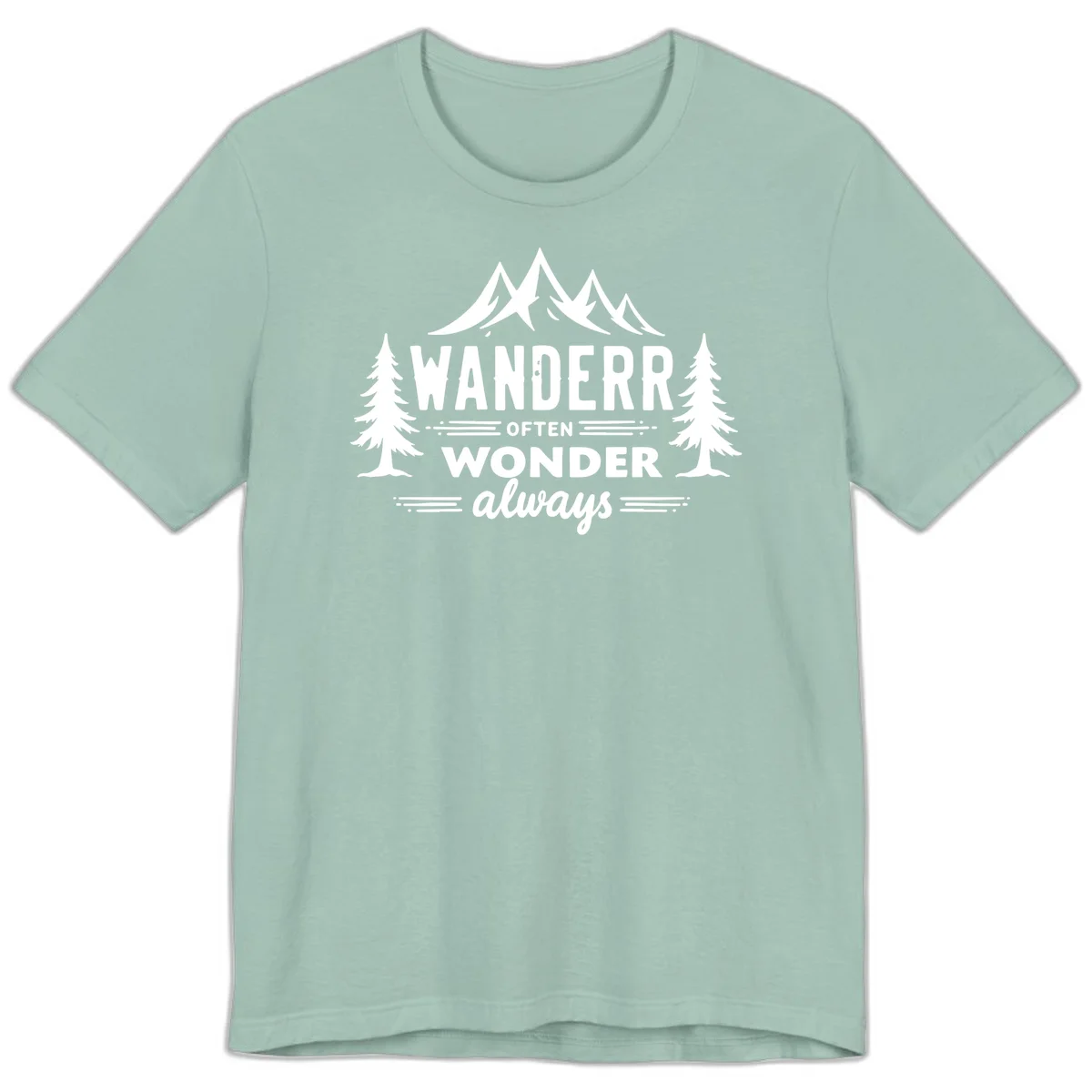 White illustration of snow-capped mountains and pine trees with text reading 'Wander Often Wonder Always' on gray background in Dusty Blue