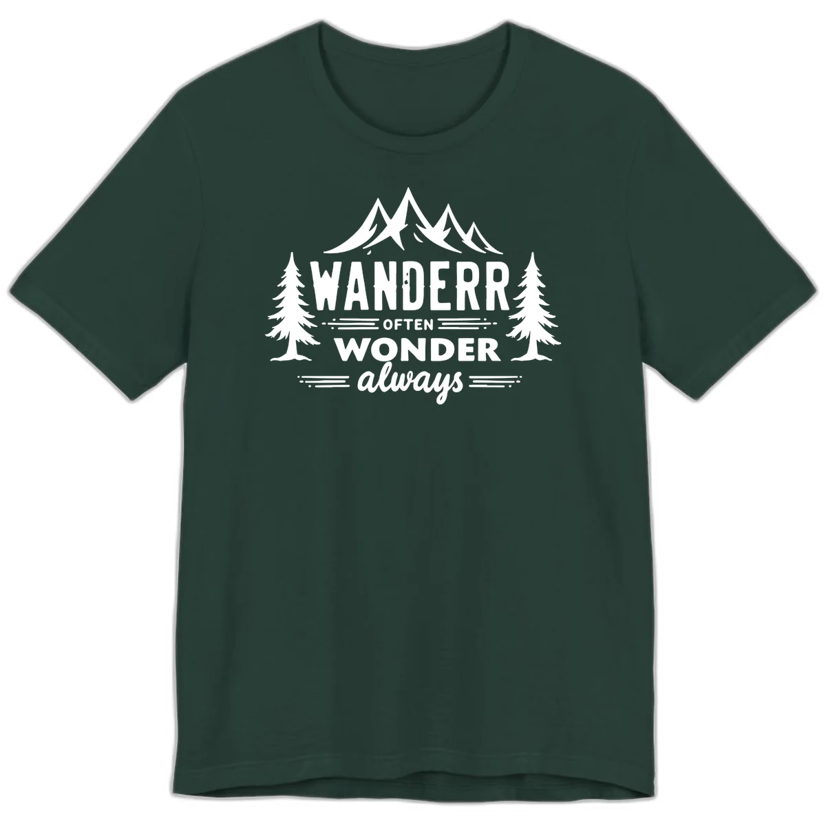 White illustration of snow-capped mountains and pine trees with text reading 'Wander Often Wonder Always' on gray background in Forest