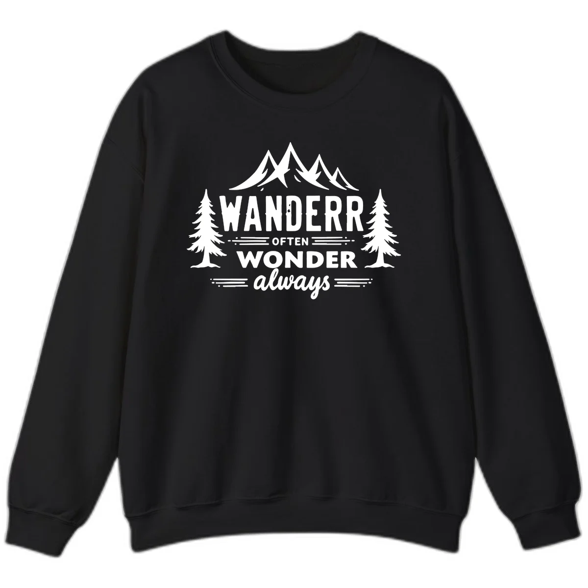 White illustration of snow-capped mountains and pine trees with text reading 'Wander Often Wonder Always' on gray background in Black
