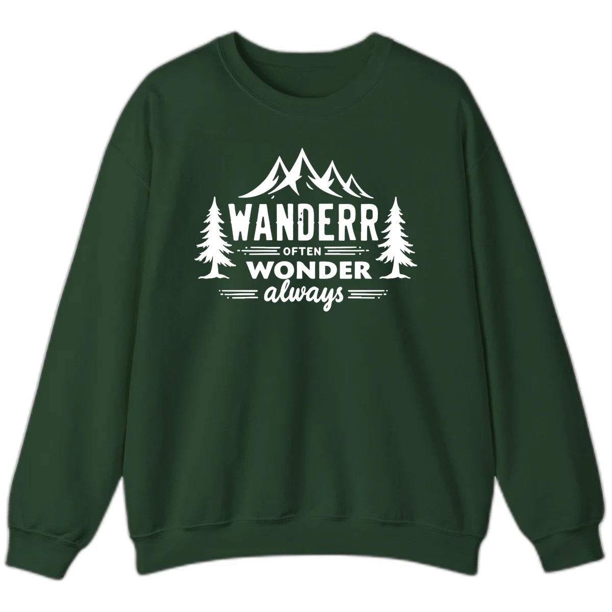 White illustration of snow-capped mountains and pine trees with text reading 'Wander Often Wonder Always' on gray background in Forest Green