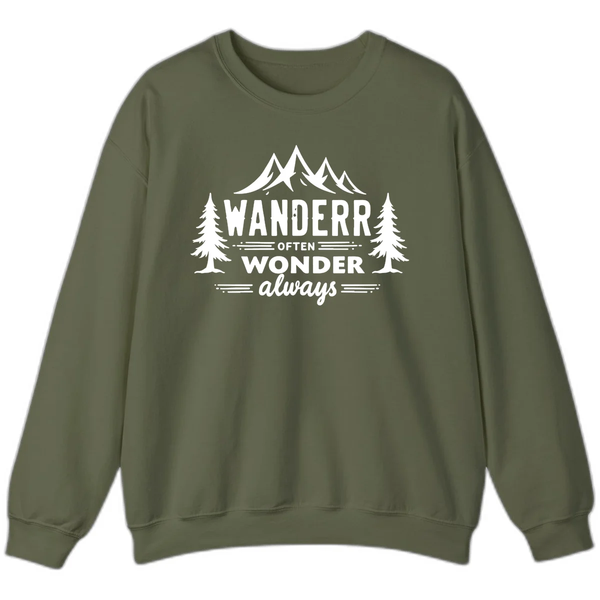 White illustration of snow-capped mountains and pine trees with text reading 'Wander Often Wonder Always' on gray background in Military Green