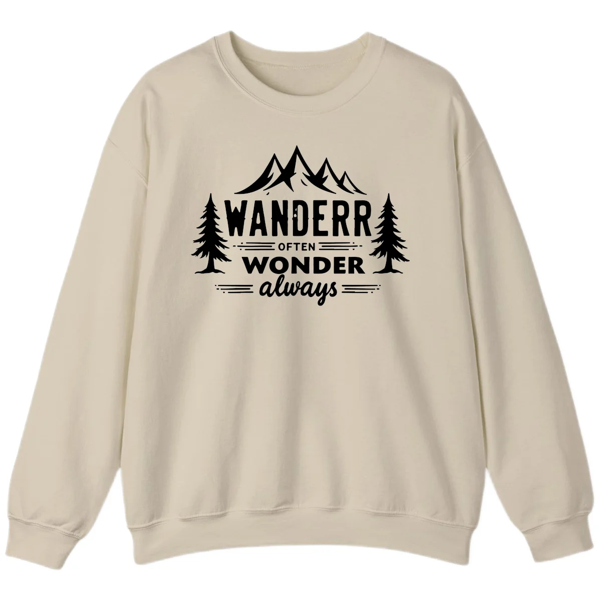 White illustration of snow-capped mountains and pine trees with text reading 'Wander Often Wonder Always' on gray background in Sand