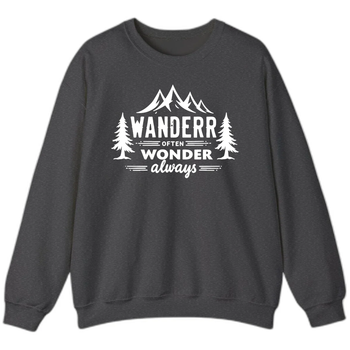 White illustration of snow-capped mountains and pine trees with text reading 'Wander Often Wonder Always' on gray background in Dark Heather