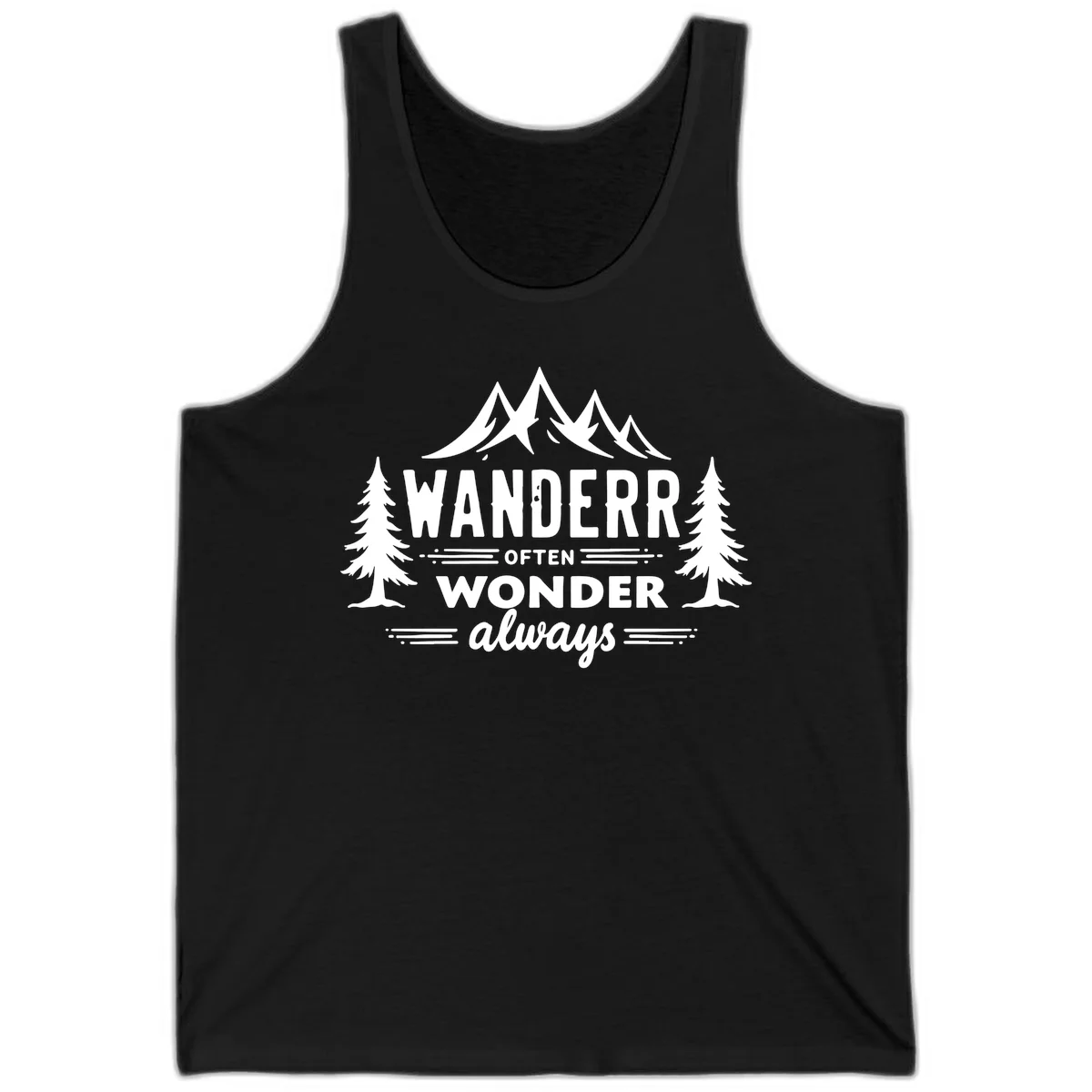 White illustration of snow-capped mountains and pine trees with text reading 'Wander Often Wonder Always' on gray background in Black