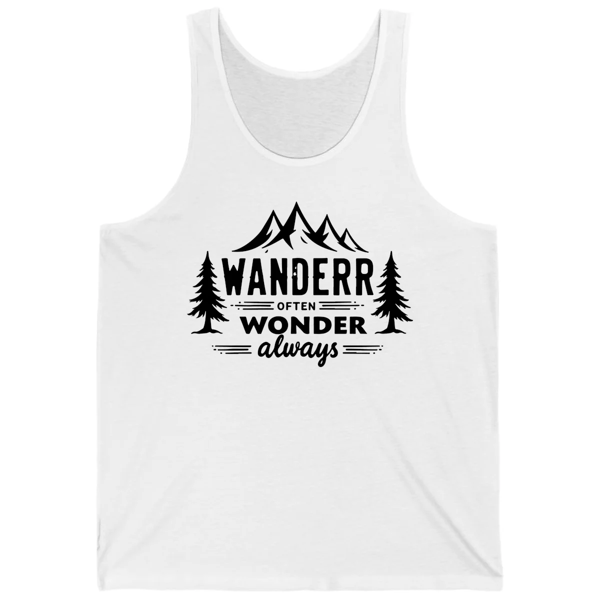 White illustration of snow-capped mountains and pine trees with text reading 'Wander Often Wonder Always' on gray background in White