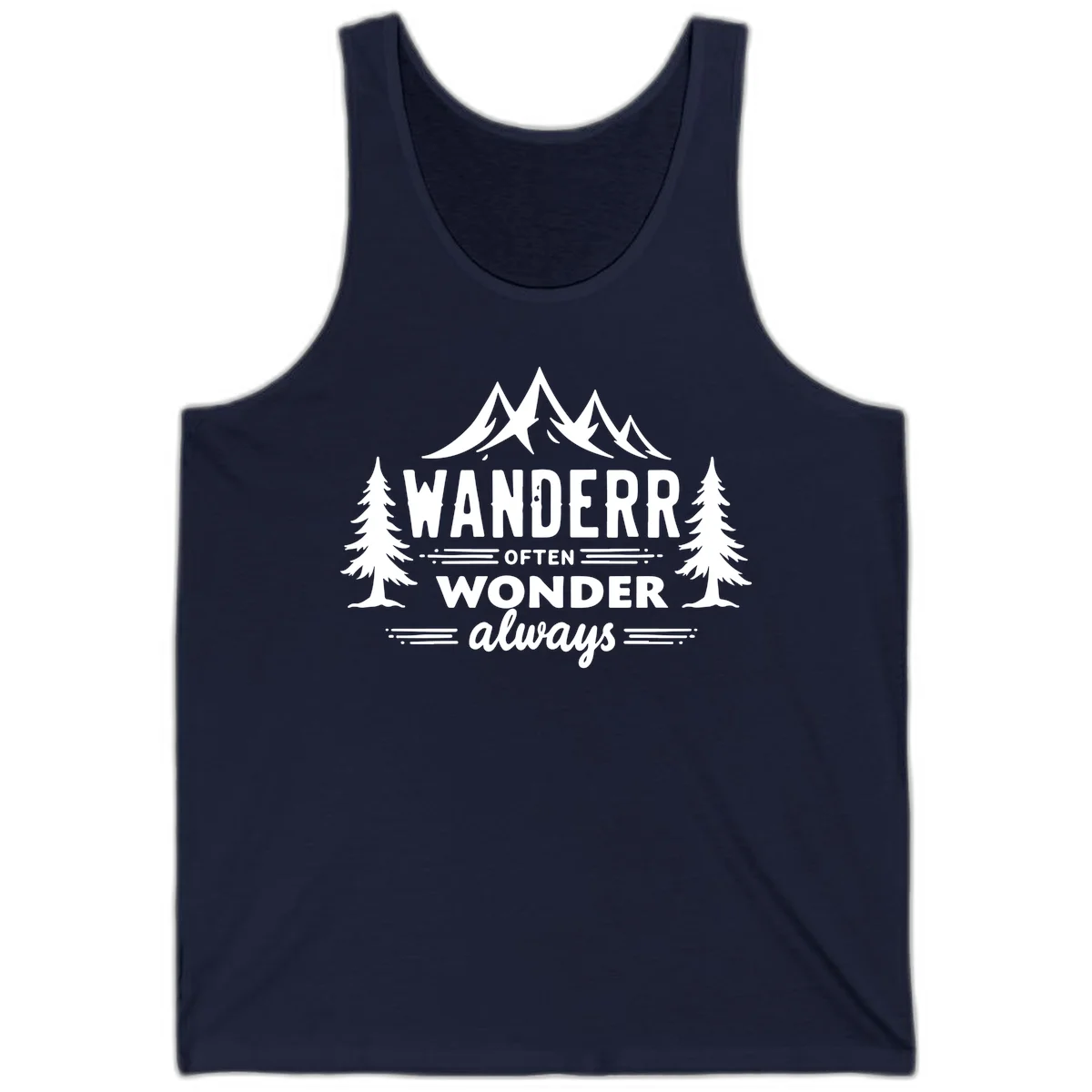 White illustration of snow-capped mountains and pine trees with text reading 'Wander Often Wonder Always' on gray background in Navy