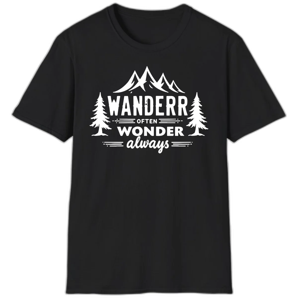 White illustration of snow-capped mountains and pine trees with text reading 'Wander Often Wonder Always' on gray background in Black