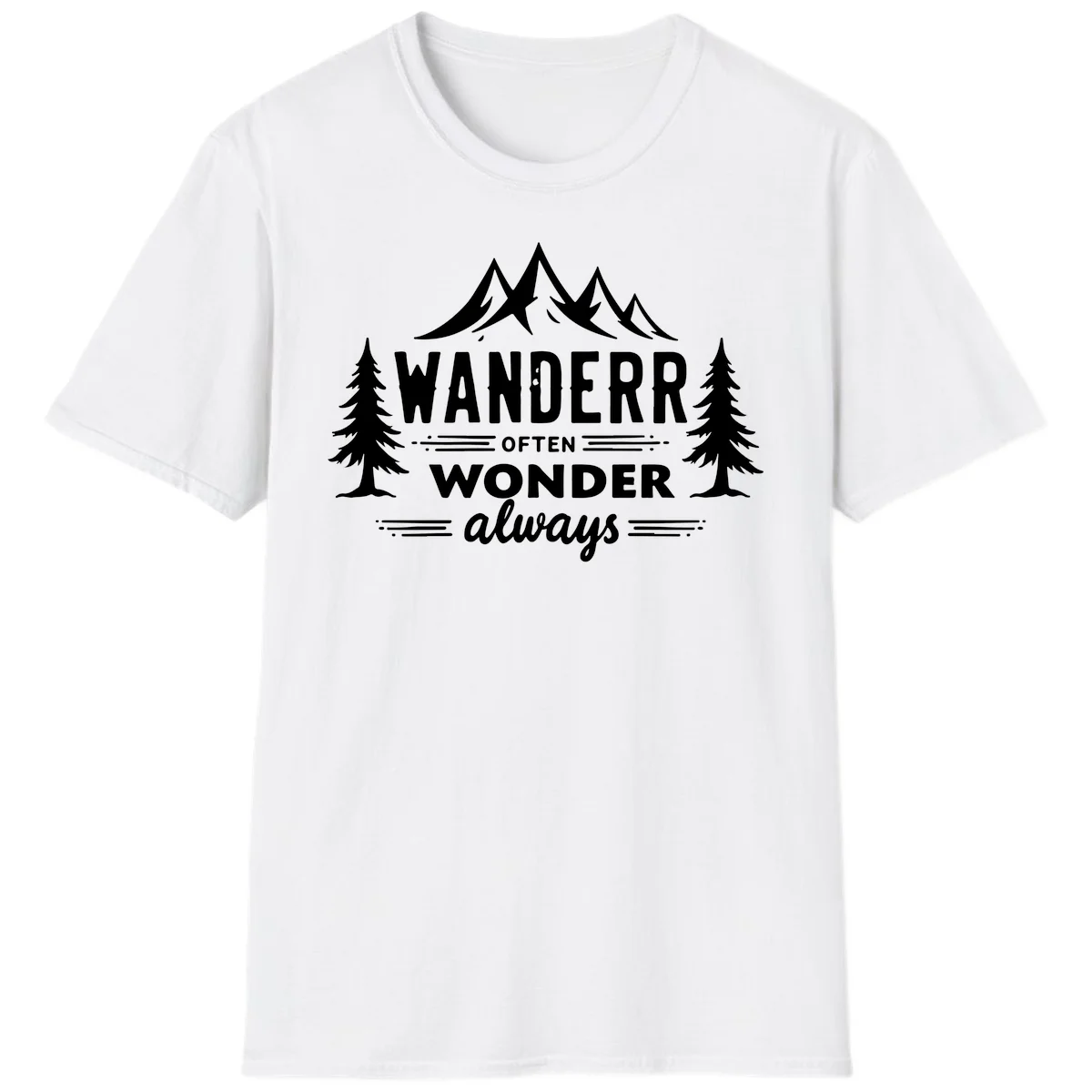 White illustration of snow-capped mountains and pine trees with text reading 'Wander Often Wonder Always' on gray background in White