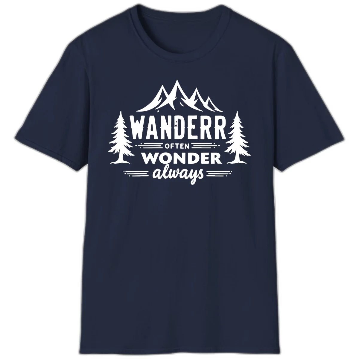 White illustration of snow-capped mountains and pine trees with text reading 'Wander Often Wonder Always' on gray background in Navy