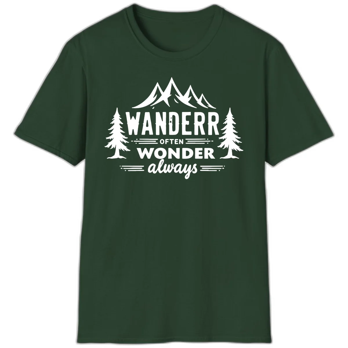 White illustration of snow-capped mountains and pine trees with text reading 'Wander Often Wonder Always' on gray background in Forest Green