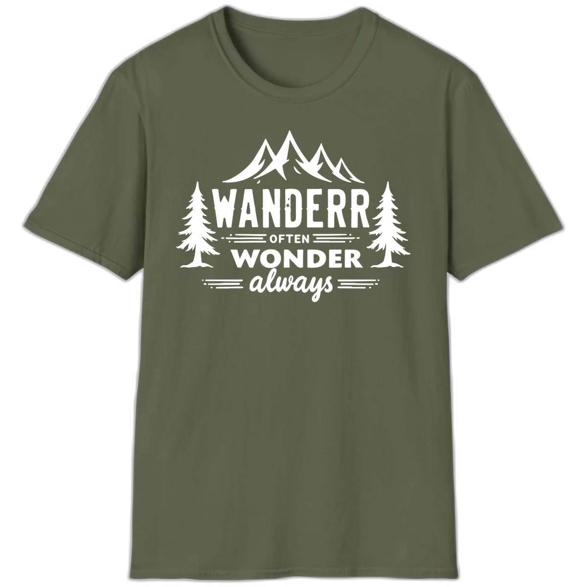 White illustration of snow-capped mountains and pine trees with text reading 'Wander Often Wonder Always' on gray background in Military Green