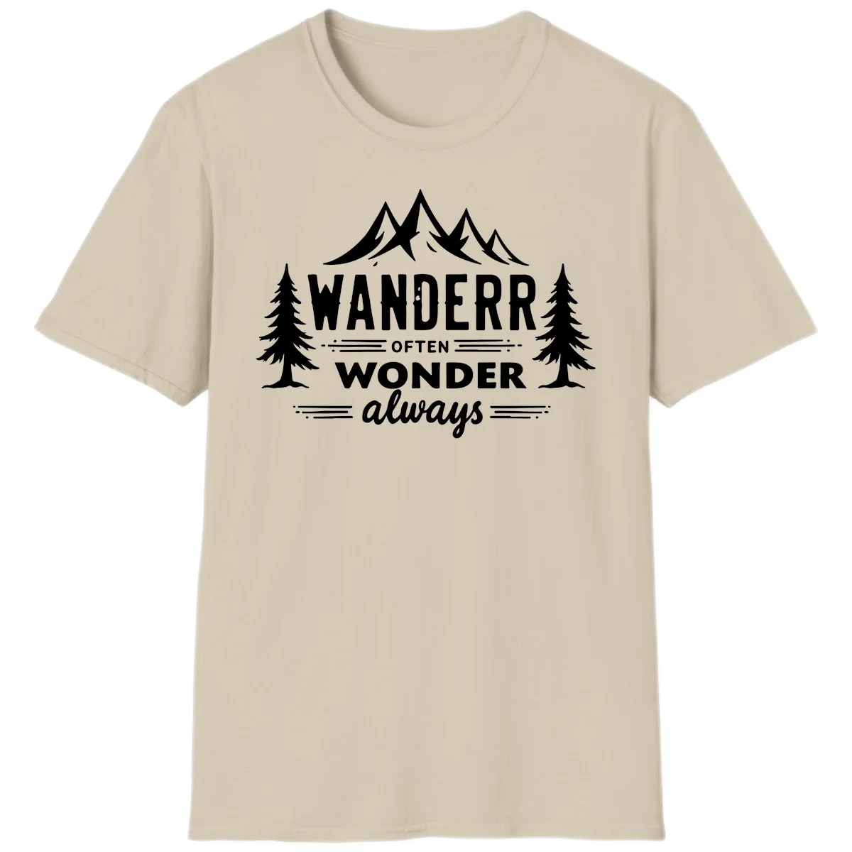 White illustration of snow-capped mountains and pine trees with text reading 'Wander Often Wonder Always' on gray background in Sand
