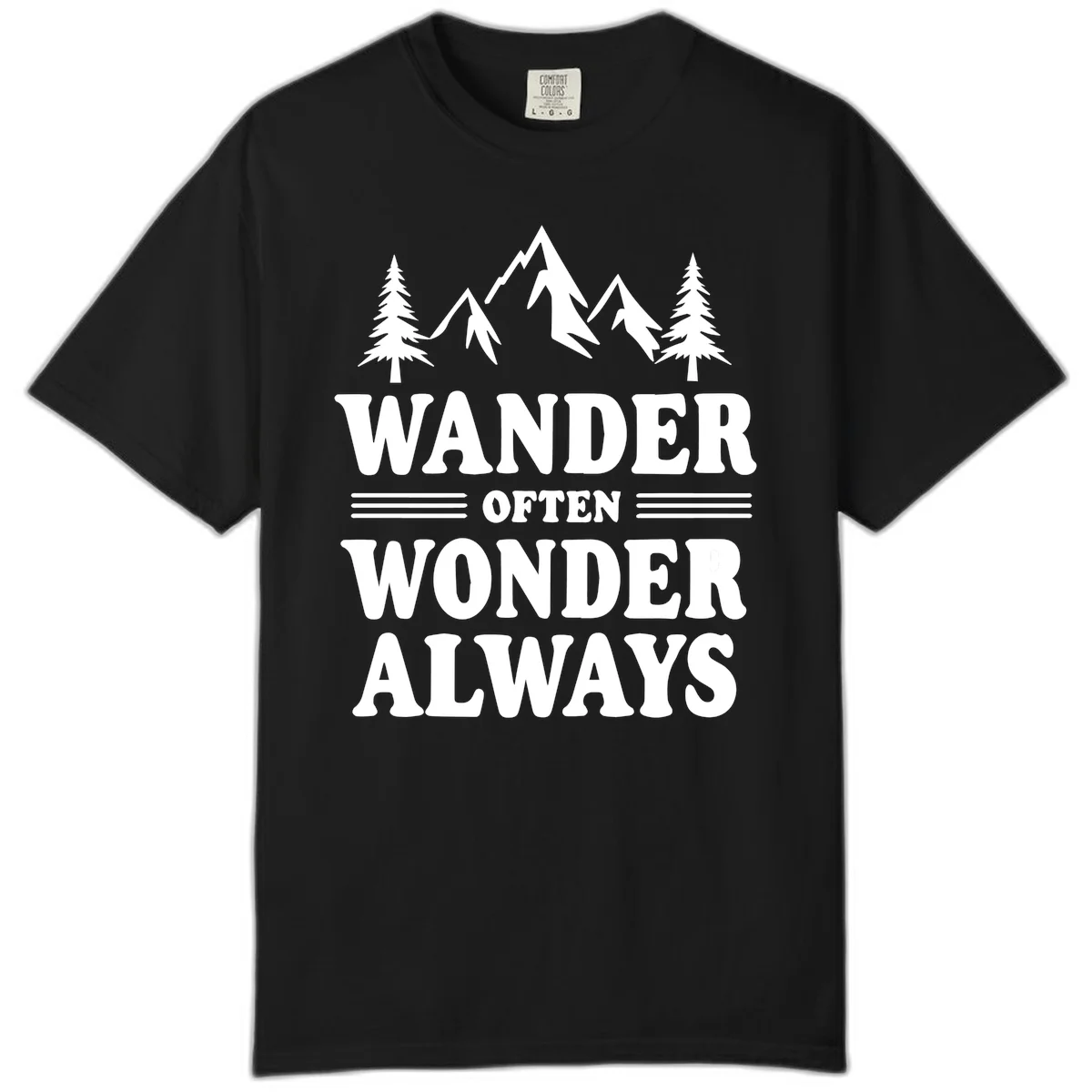 White mountain and evergreen tree illustration with 'Wander Often Wonder Always' text on gray background in Black