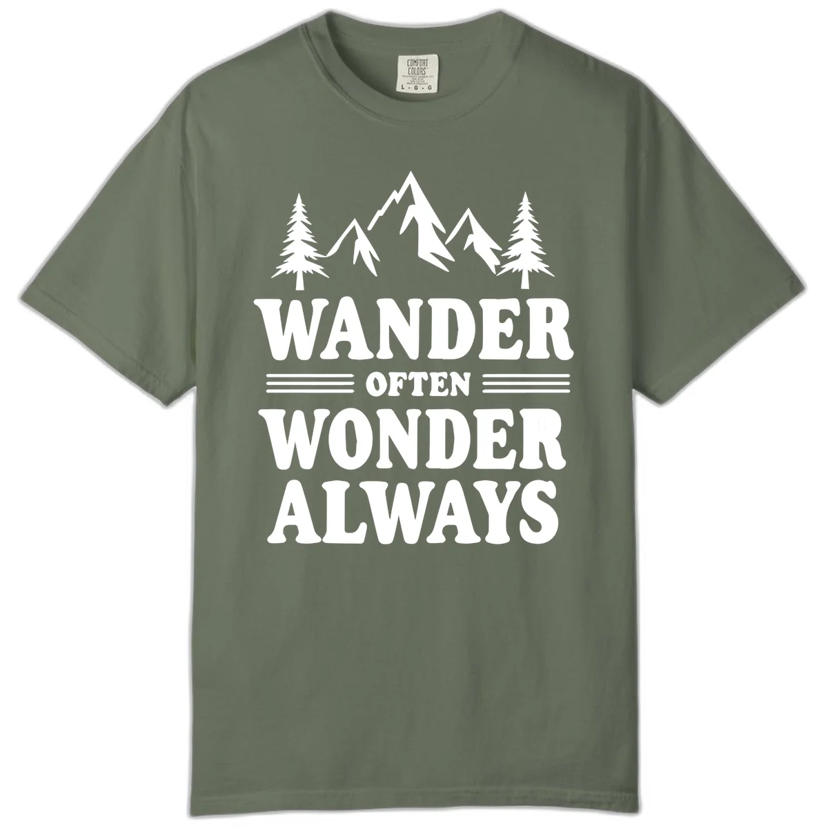 White mountain and evergreen tree illustration with 'Wander Often Wonder Always' text on gray background in Moss