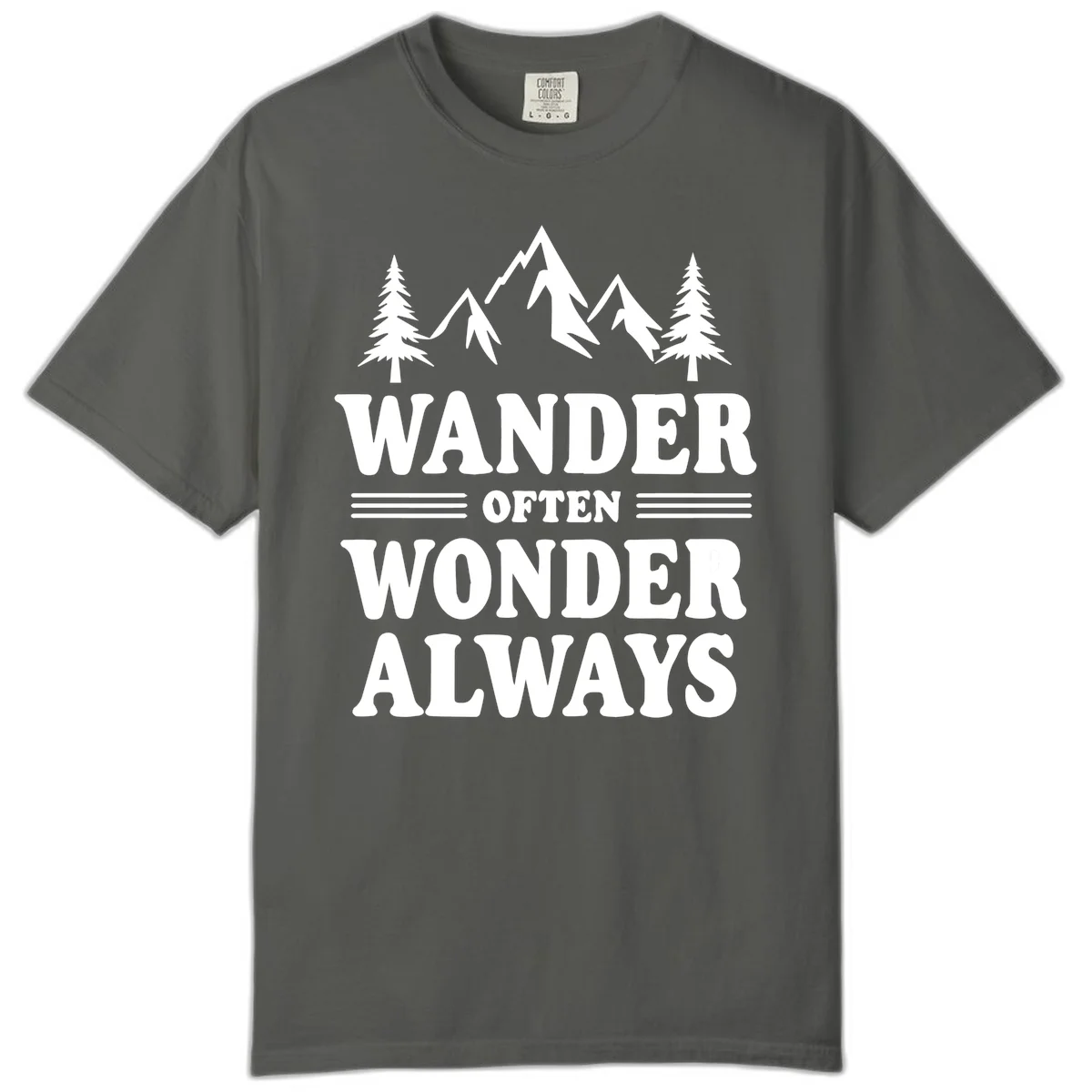 White mountain and evergreen tree illustration with 'Wander Often Wonder Always' text on gray background in Pepper
