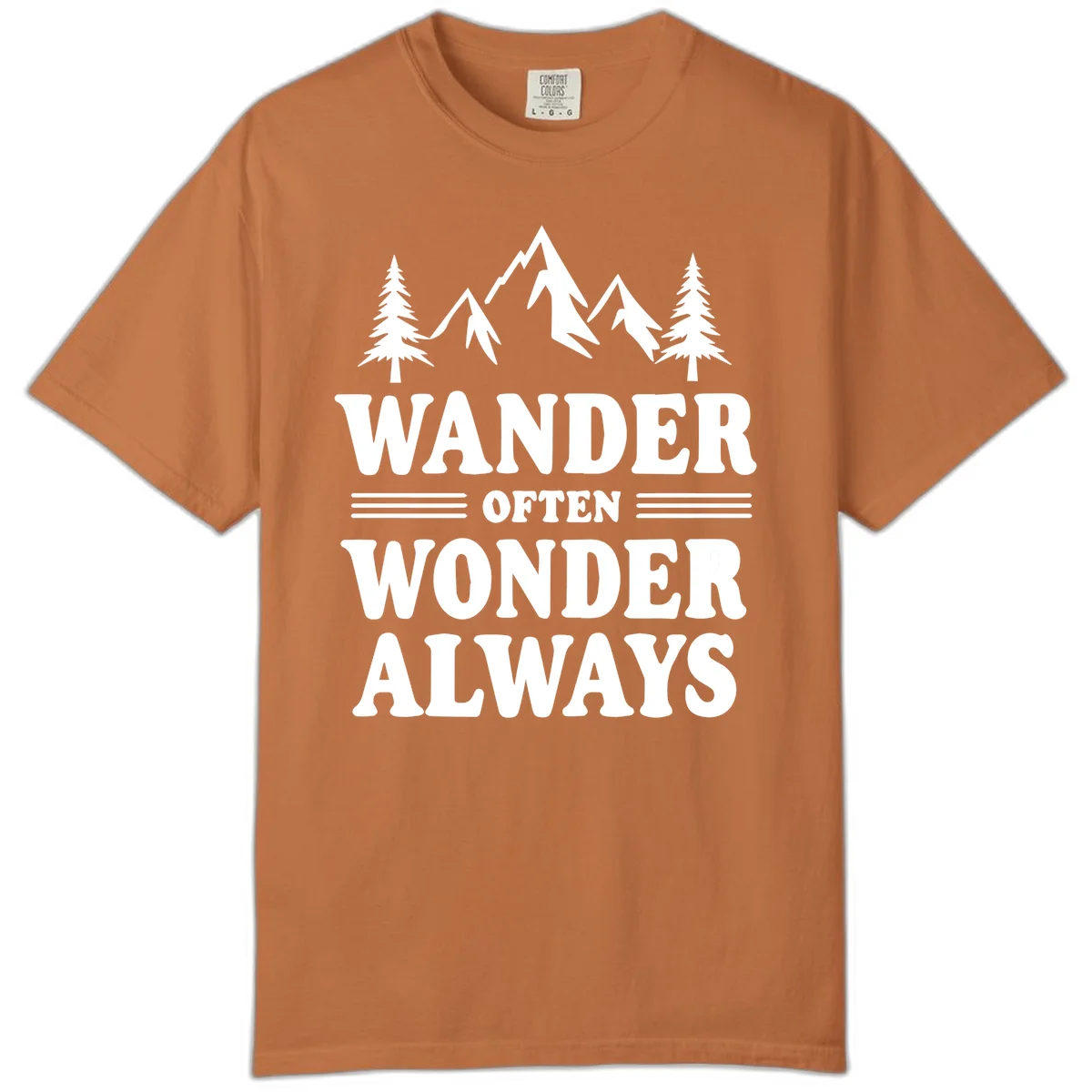 White mountain and evergreen tree illustration with 'Wander Often Wonder Always' text on gray background in Yam