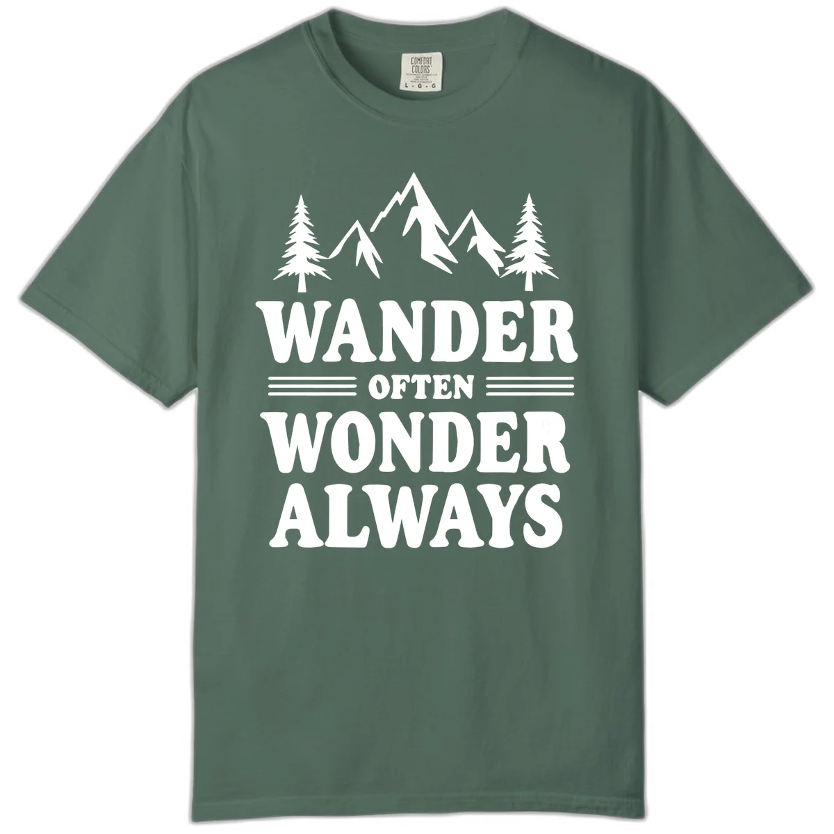 White mountain and evergreen tree illustration with 'Wander Often Wonder Always' text on gray background in Blue Spruce