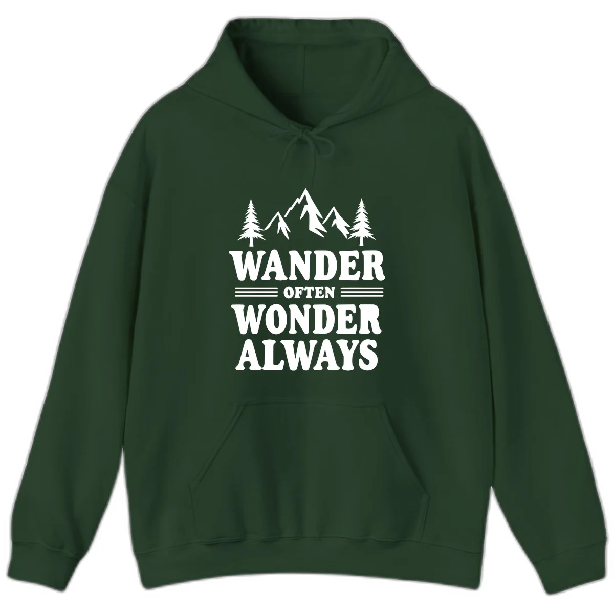 White mountain and evergreen tree illustration with 'Wander Often Wonder Always' text on gray background in Forest Green