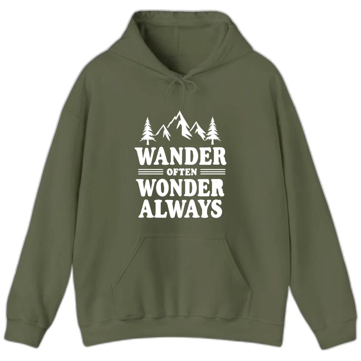 White mountain and evergreen tree illustration with 'Wander Often Wonder Always' text on gray background in Military Green