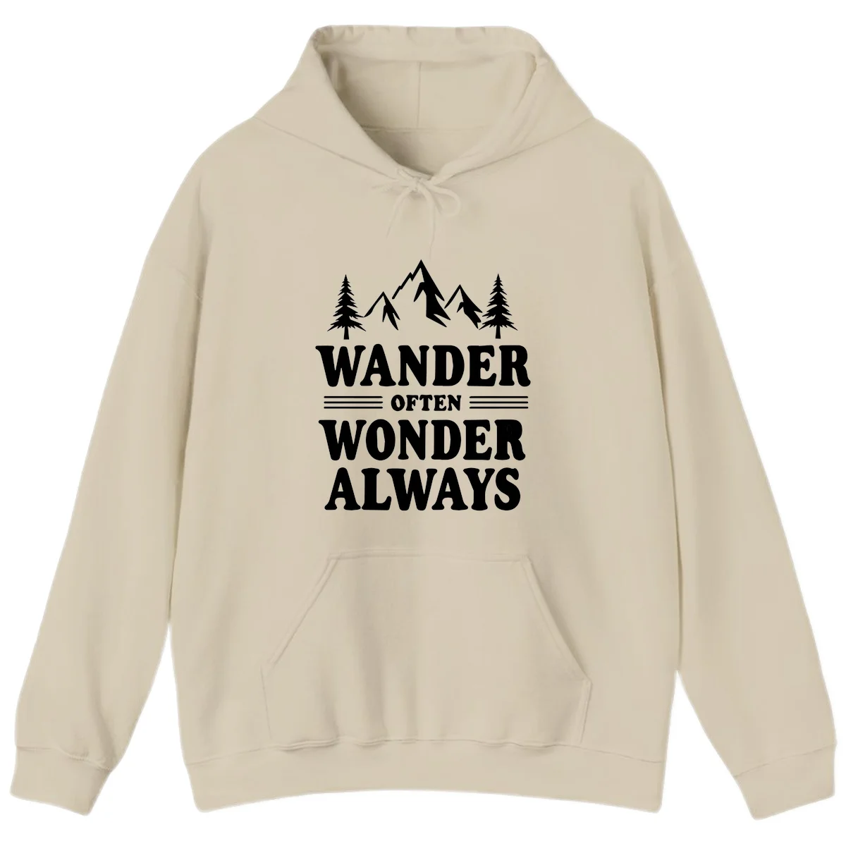 White mountain and evergreen tree illustration with 'Wander Often Wonder Always' text on gray background in Sand