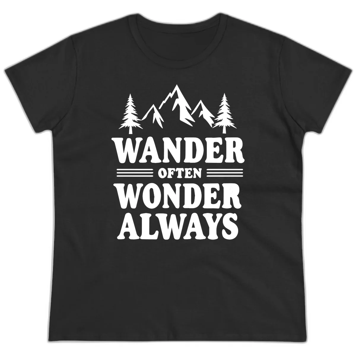 White mountain and evergreen tree illustration with 'Wander Often Wonder Always' text on gray background in Black